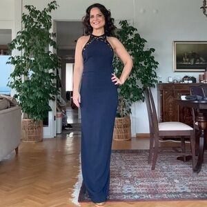 Galvan sleeveless halterneck black lace Navy Blue long Dress